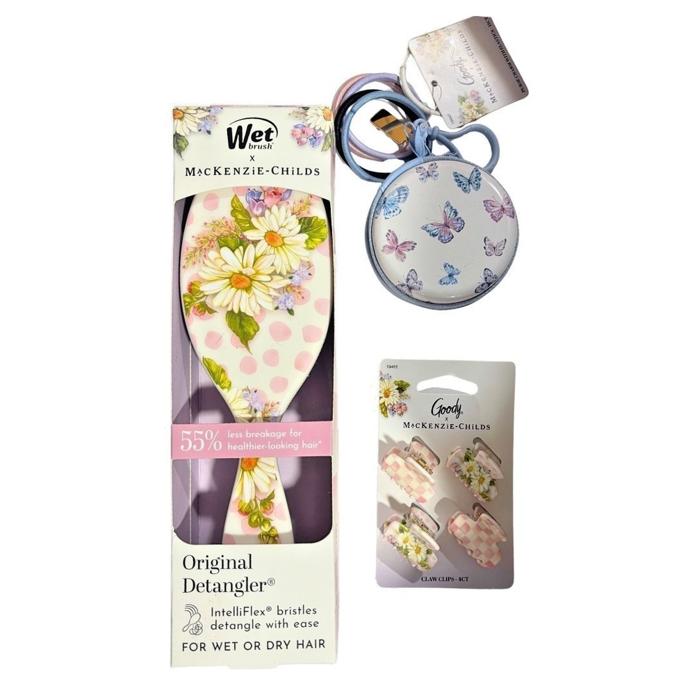 Wet Brush x MacKenzie Childs SET - OG Daisy Brush, Purse Charm, Mini Claw Clips